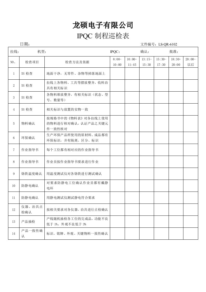 IPQC制程巡检表(组装)