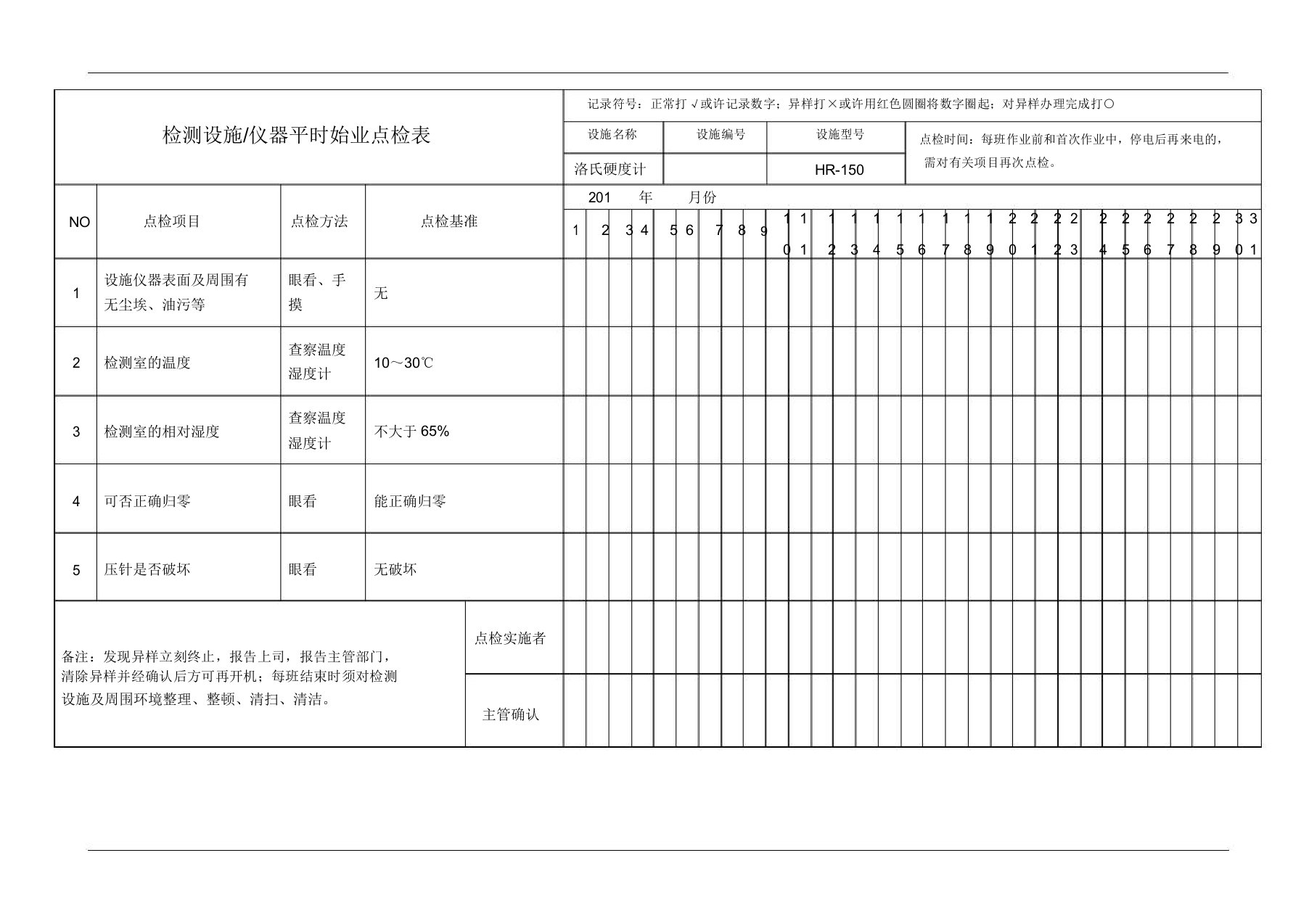 洛氏硬度计日常点检表