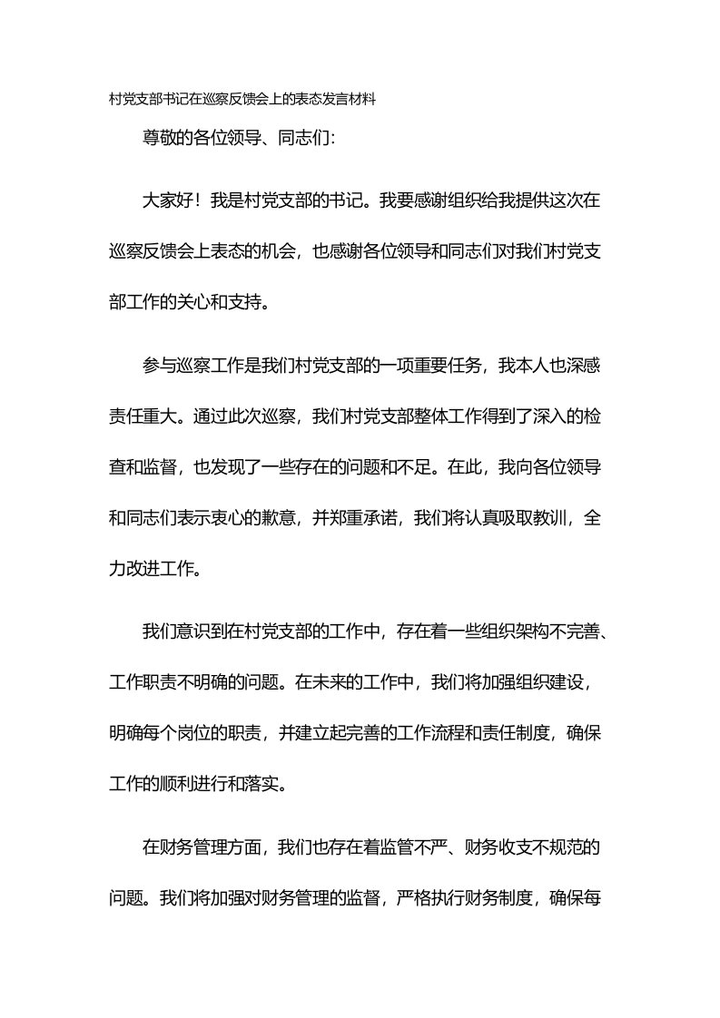 村党支部书记在巡察反馈会上的表态发言材料