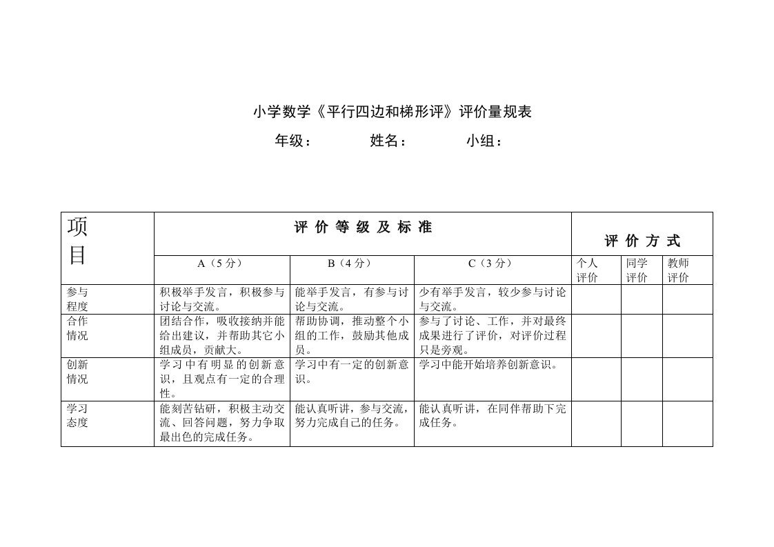 小学数学《平行四边和梯形评》评价量规表