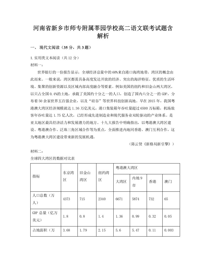 河南省新乡市师专附属莘园学校高二语文联考试题含解析