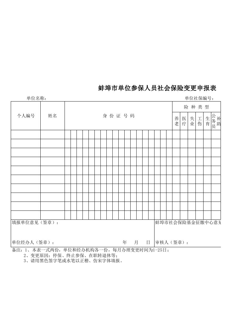 蚌埠市单位参保人员社会保险变更申报表