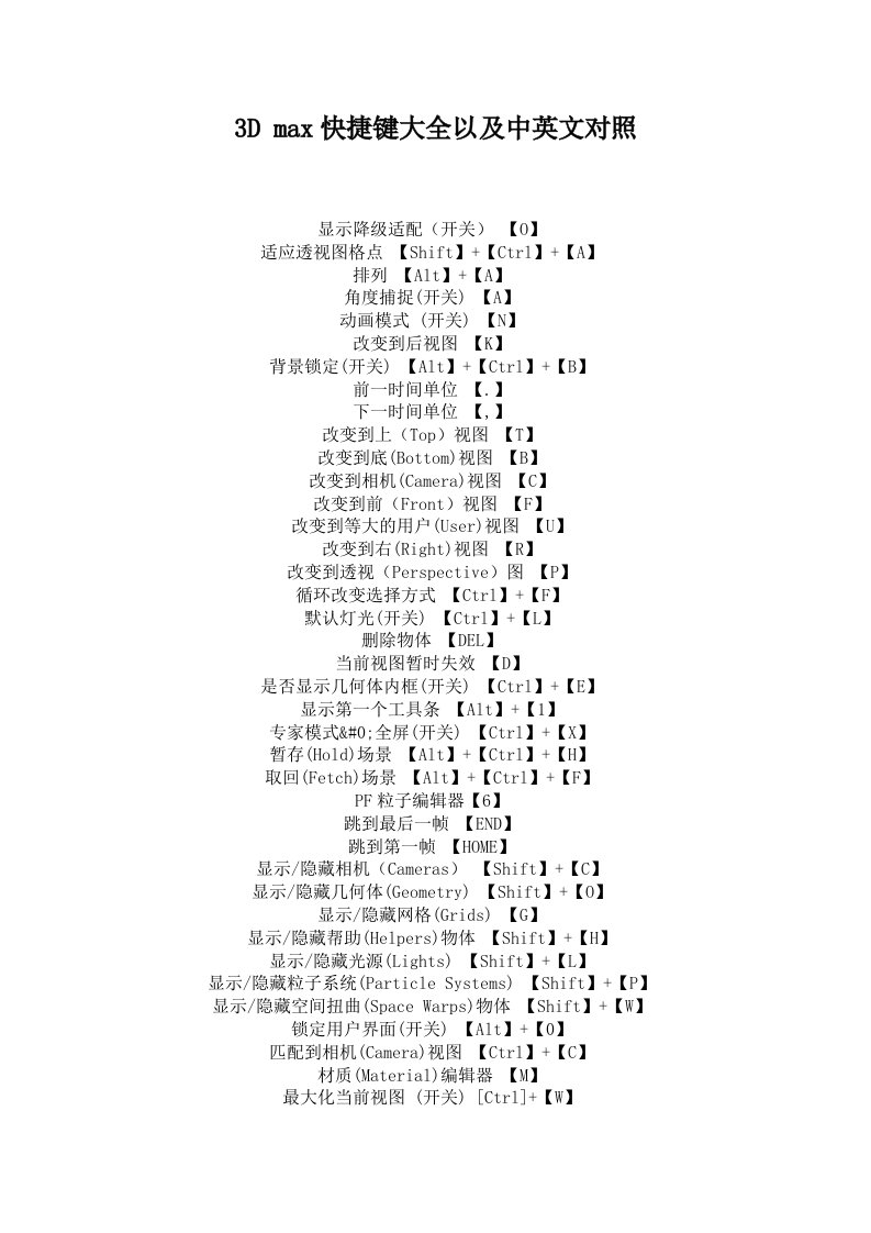 3DMAX快捷键和中英文对照