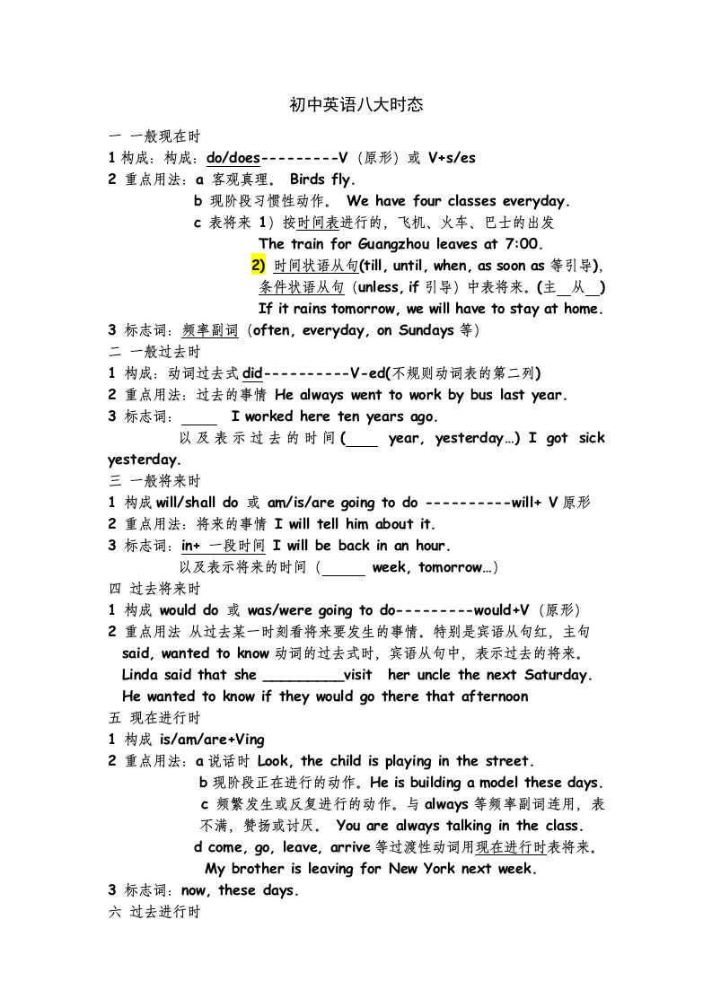 初中英语八大时态重点及构成