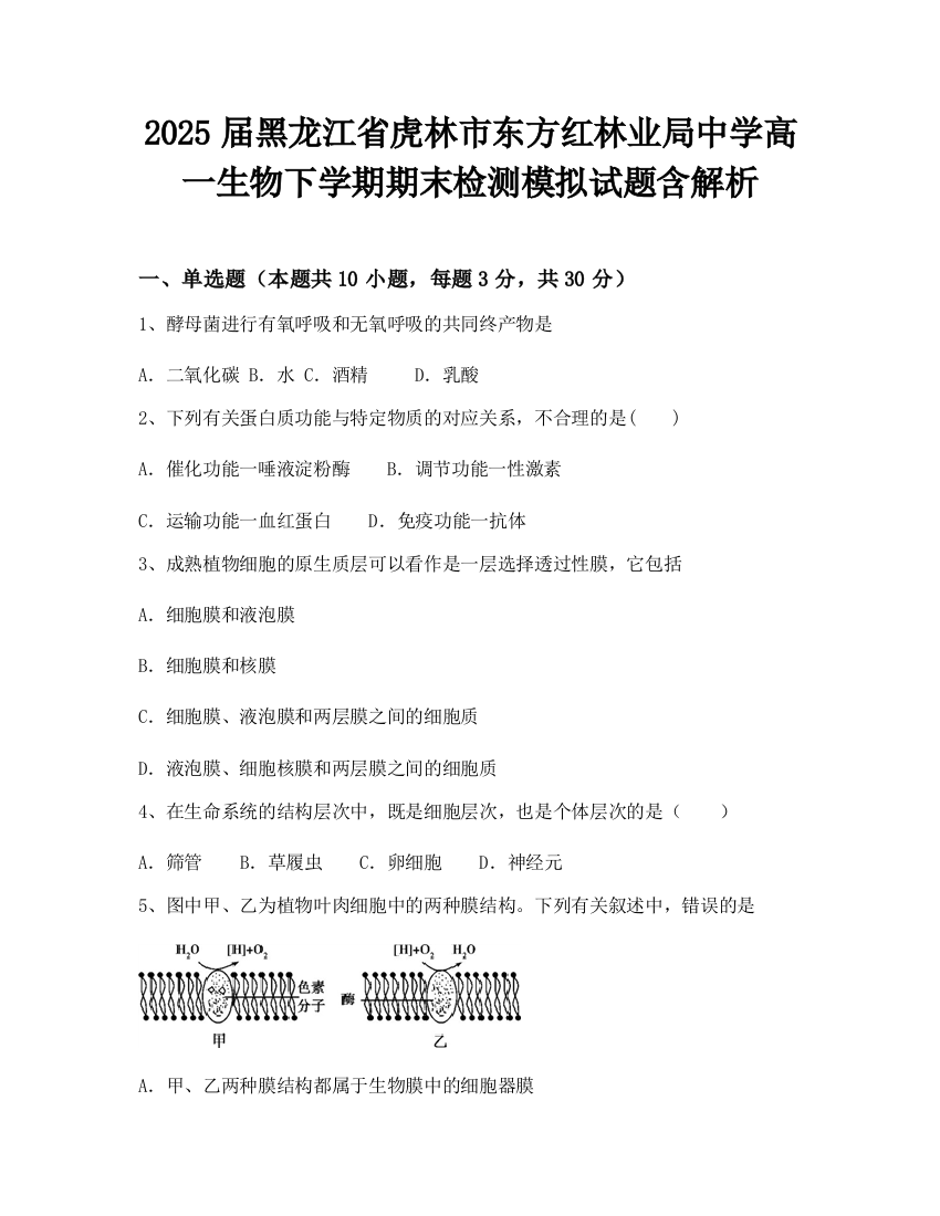 2025届黑龙江省虎林市东方红林业局中学高一生物下学期期末检测模拟试题含解析