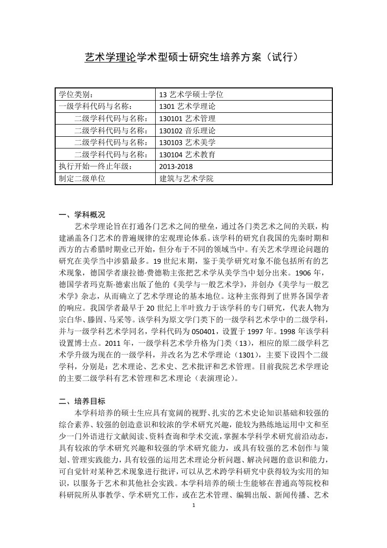 艺术学理论学术型硕士研究生培养方案试行