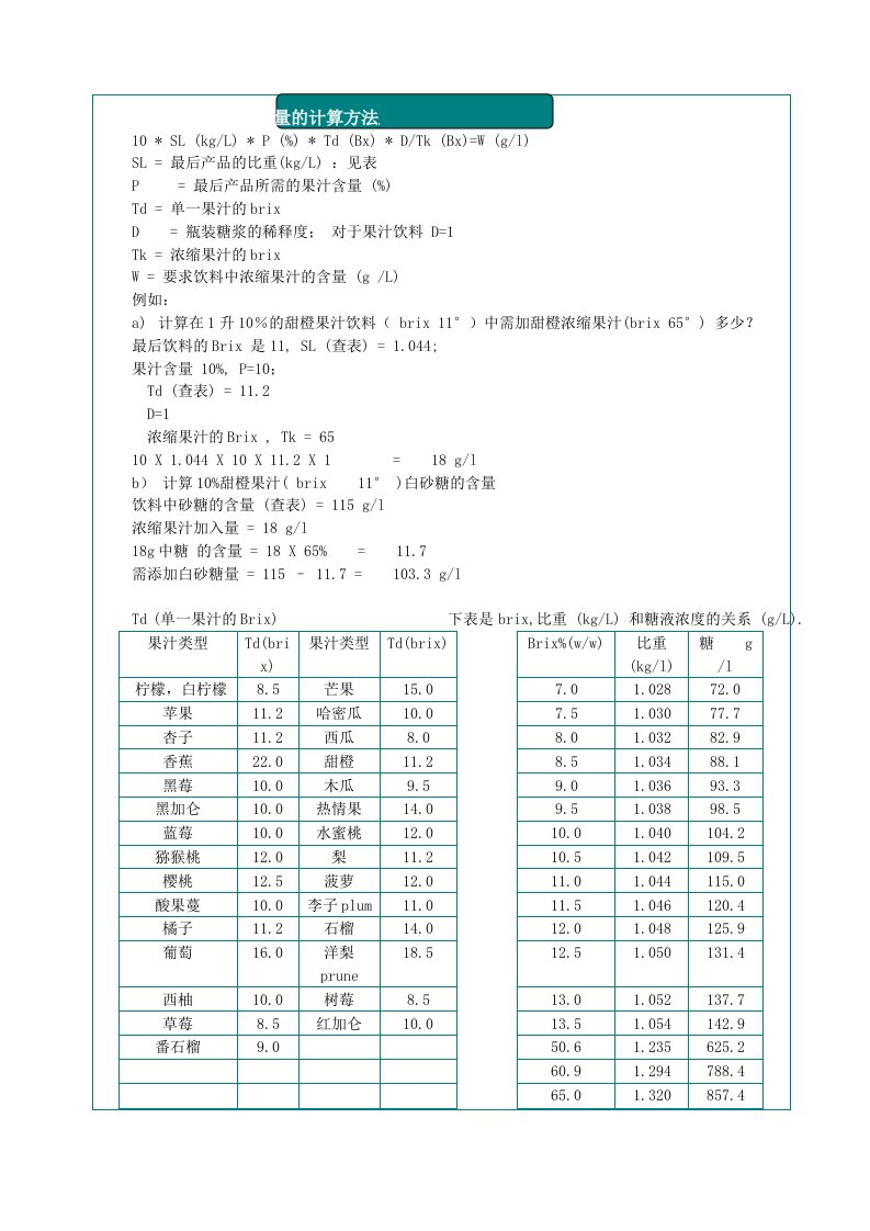 果汁饮料中果汁含量的计算方法