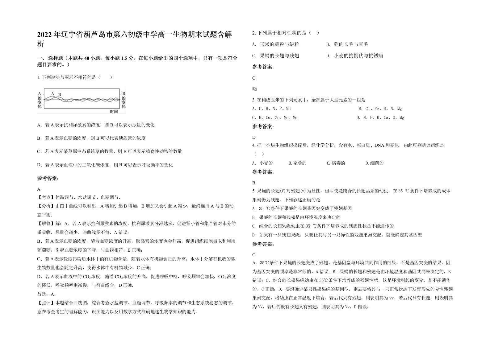 2022年辽宁省葫芦岛市第六初级中学高一生物期末试题含解析