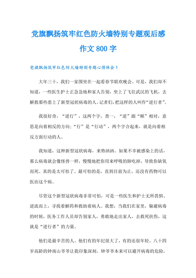 党旗飘扬筑牢红色防火墙特别专题观后感作文800字