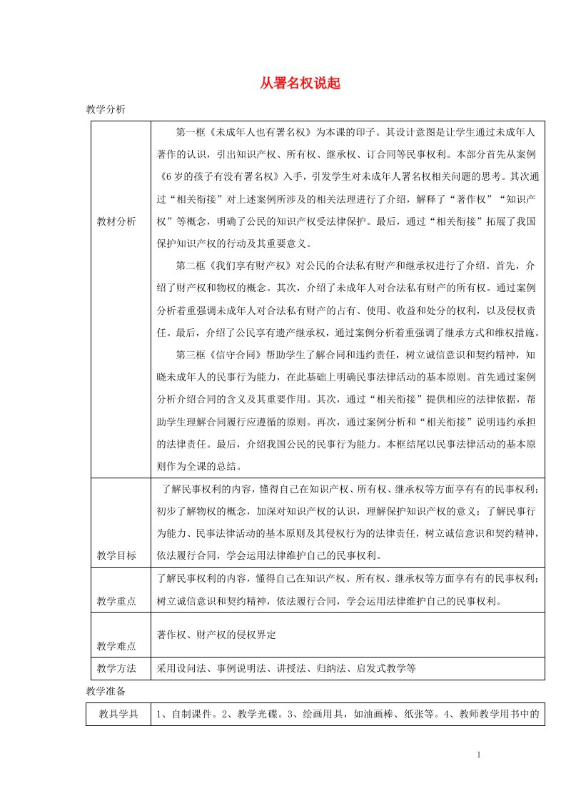 2019年八年级道德与法治上册第三单元法律在我心中第九课从署名权说起第1框未成年人也有署名权我们享有财产权教案人民版