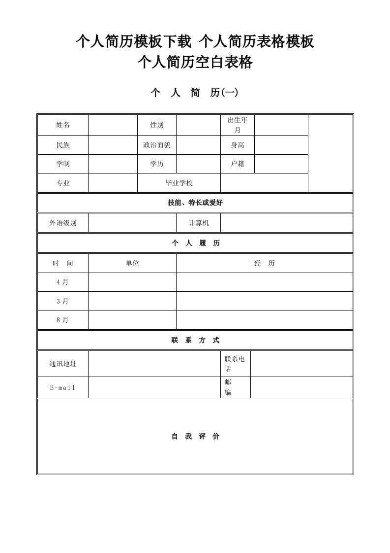 2022年单位企业面试应聘个人空白简历模版