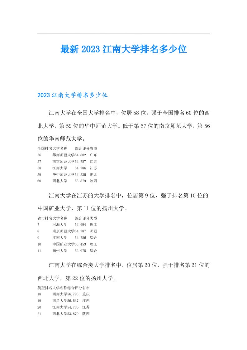 最新2023江南大学排名多少位