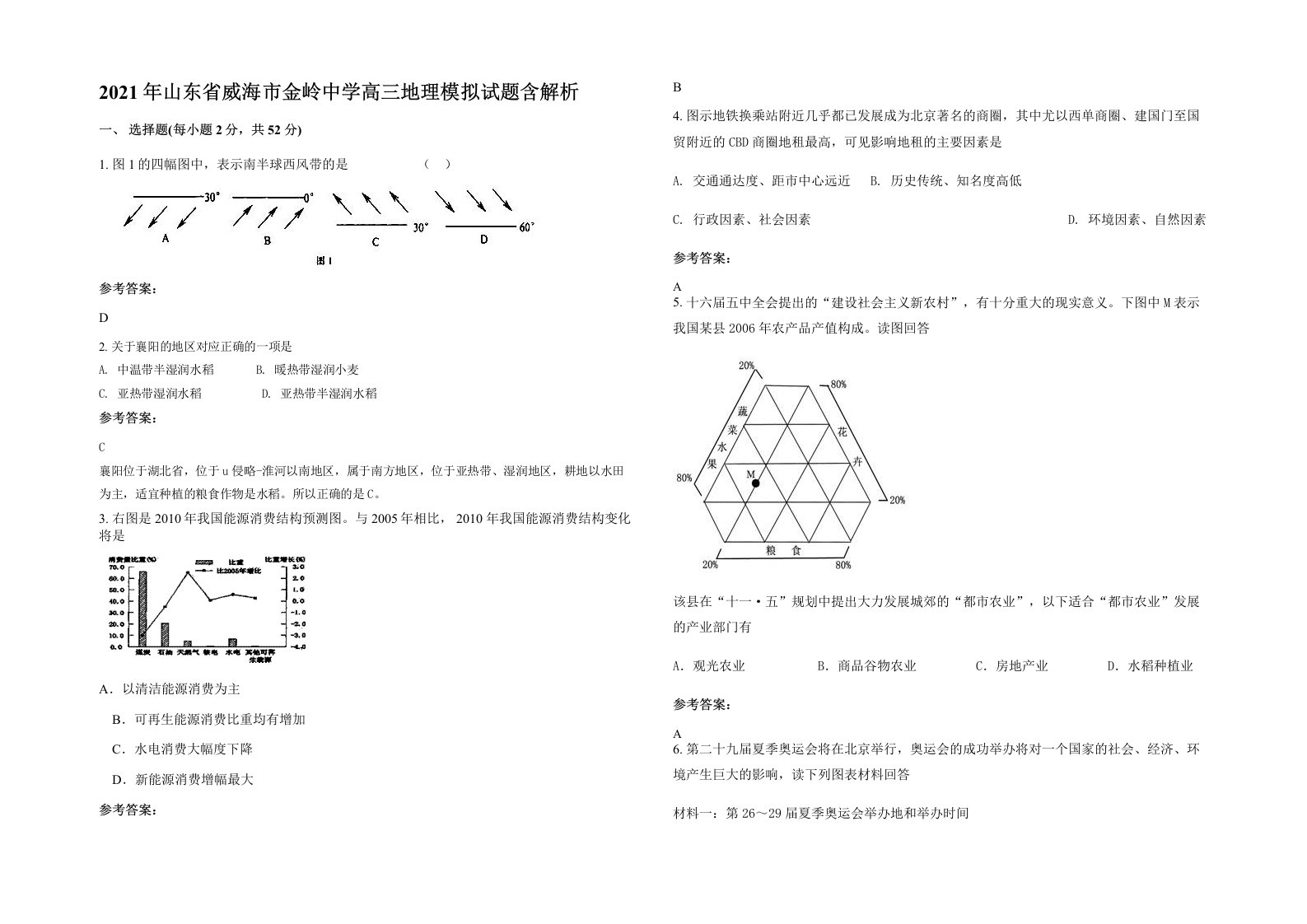 2021年山东省威海市金岭中学高三地理模拟试题含解析