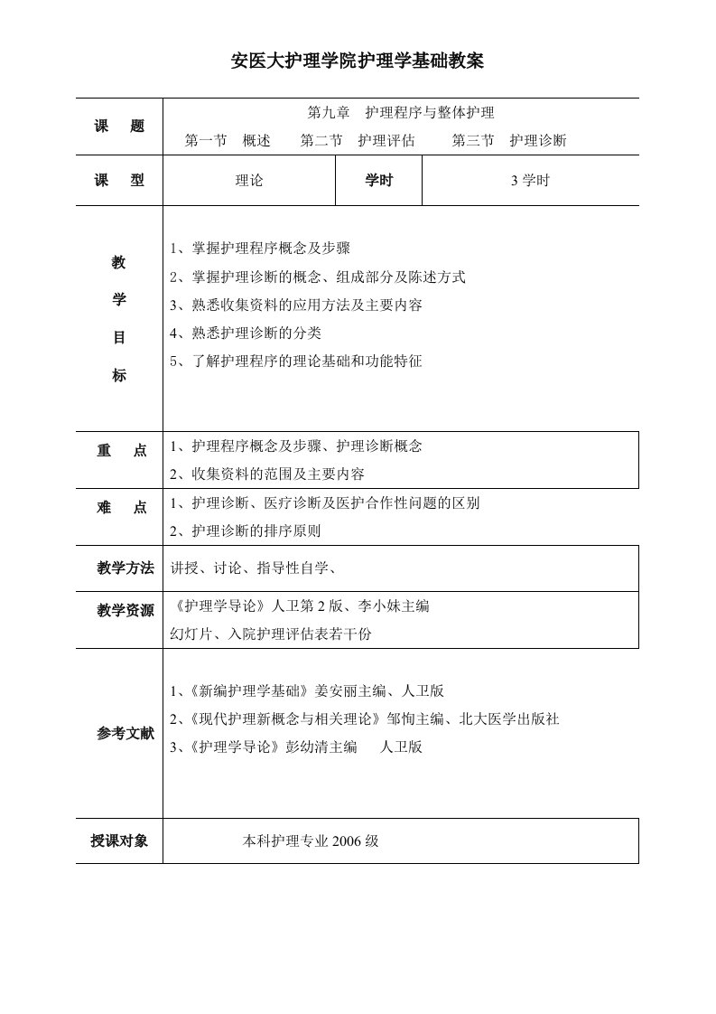 安医大护理学院护理学基础教案