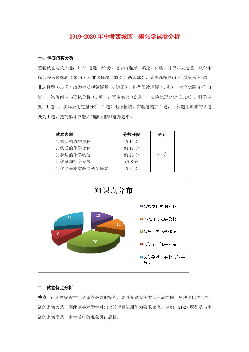 2019-2020年中考西城区一模化学试卷分析