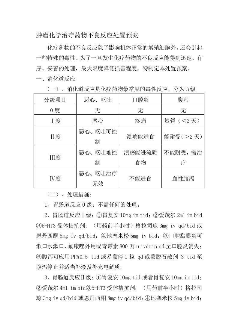 肿瘤化学治疗药物不良反应处置预案