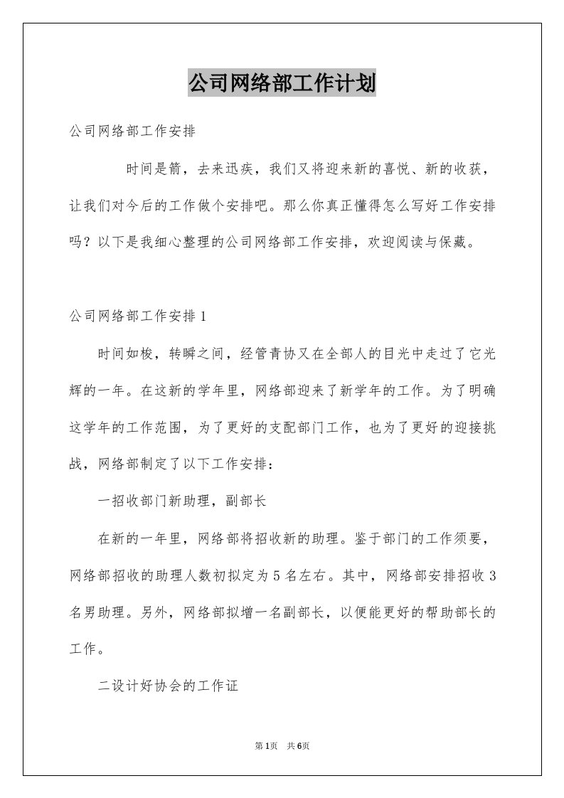 公司网络部工作计划例文