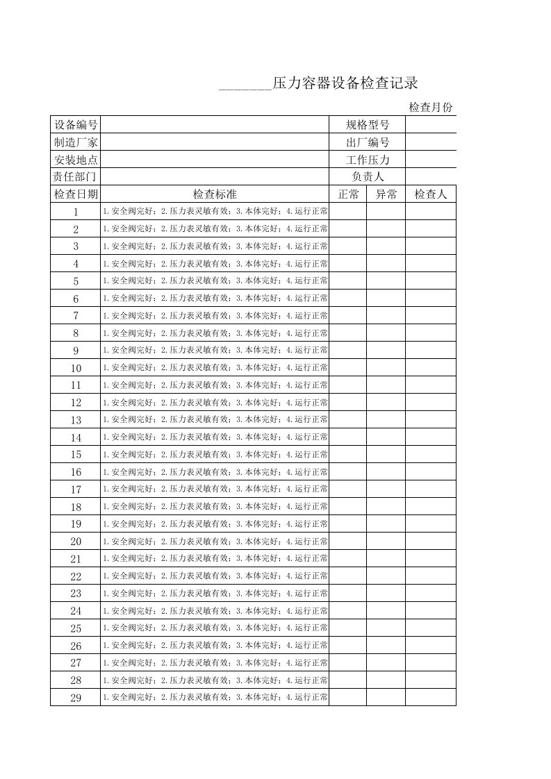 压力容器日常检查表