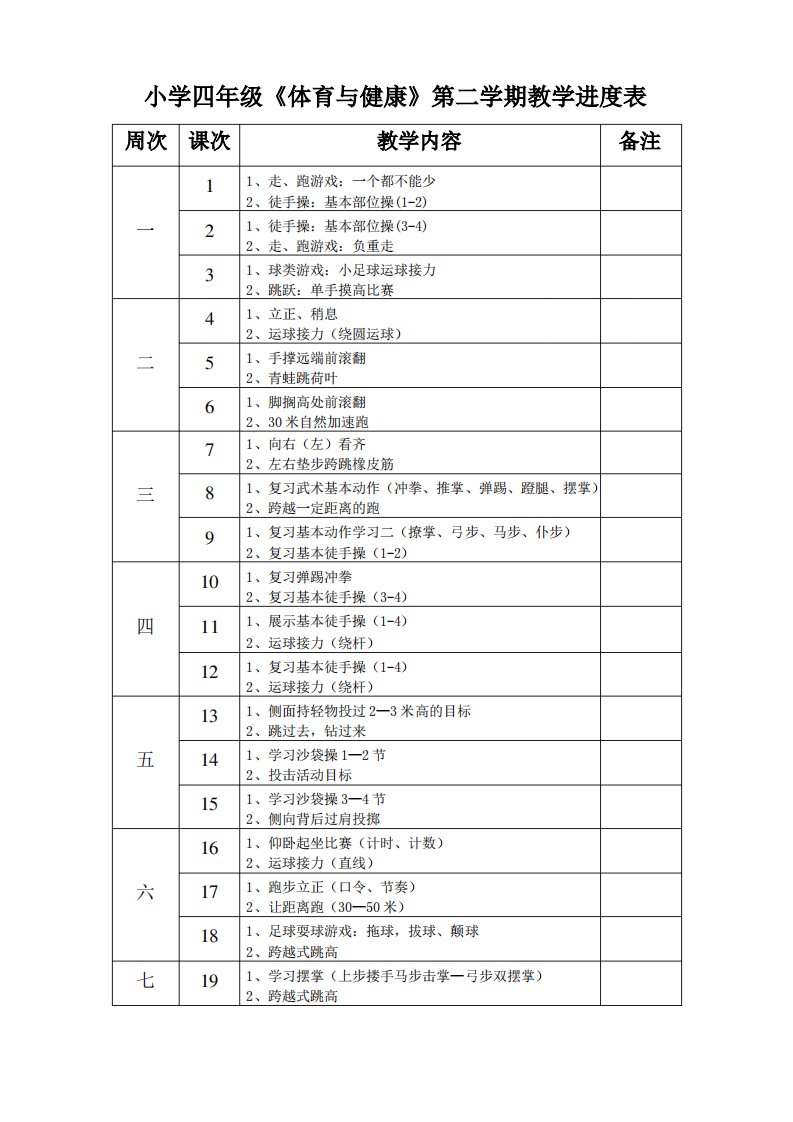 小学四年级《体育与健康》第二学期教学进度表