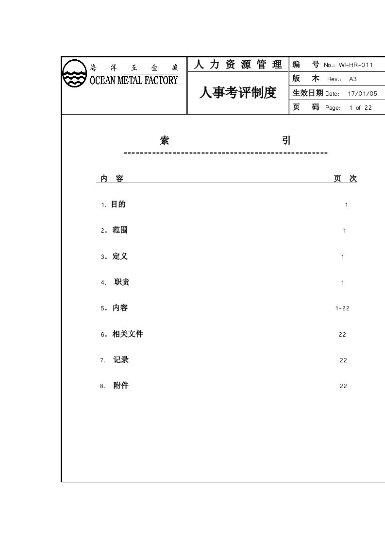 五金厂人事考评制度