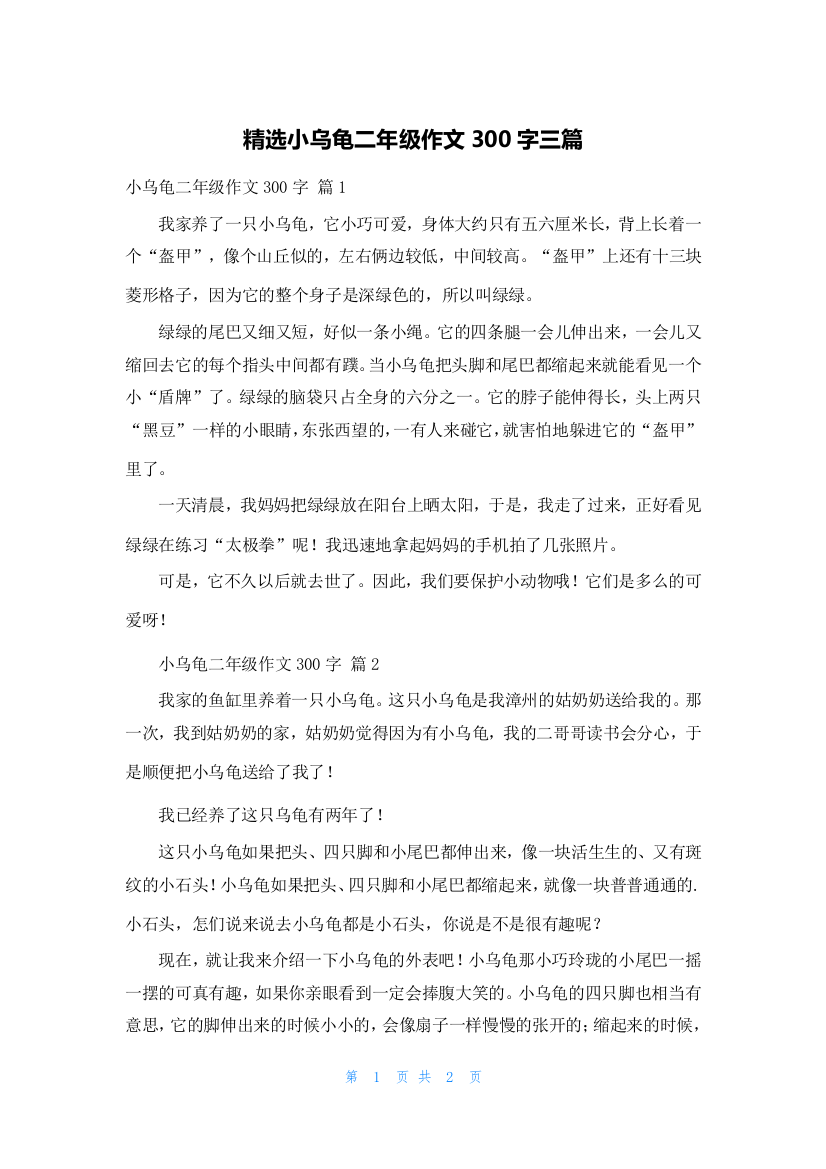 精选小乌龟二年级作文300字三篇