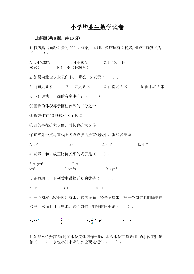 小学毕业生数学试卷完美版