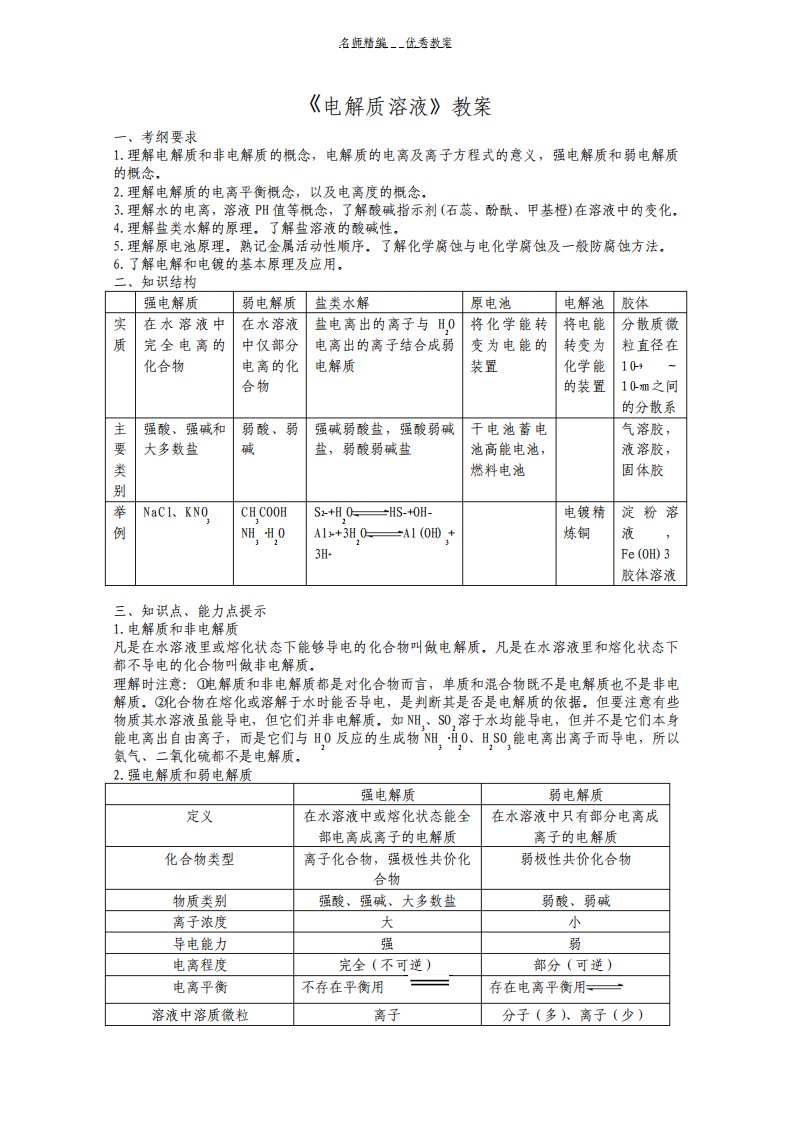 高考化学专题复习教案七电解质溶液