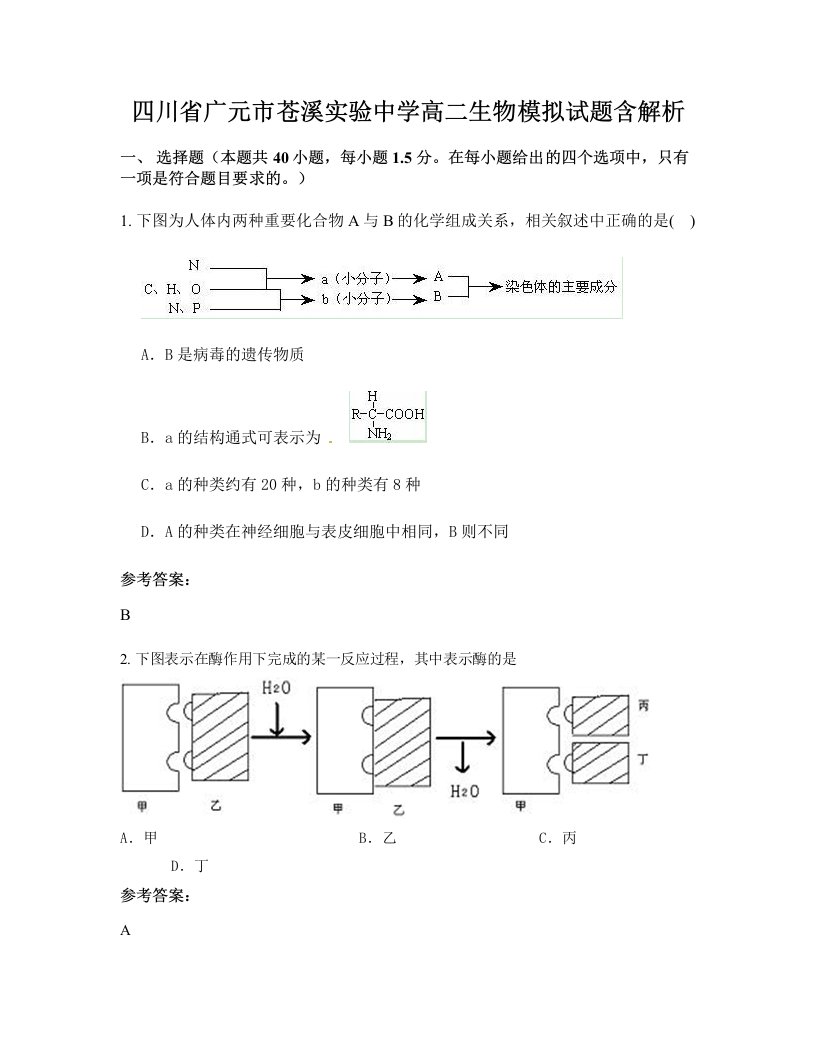 四川省广元市苍溪实验中学高二生物模拟试题含解析