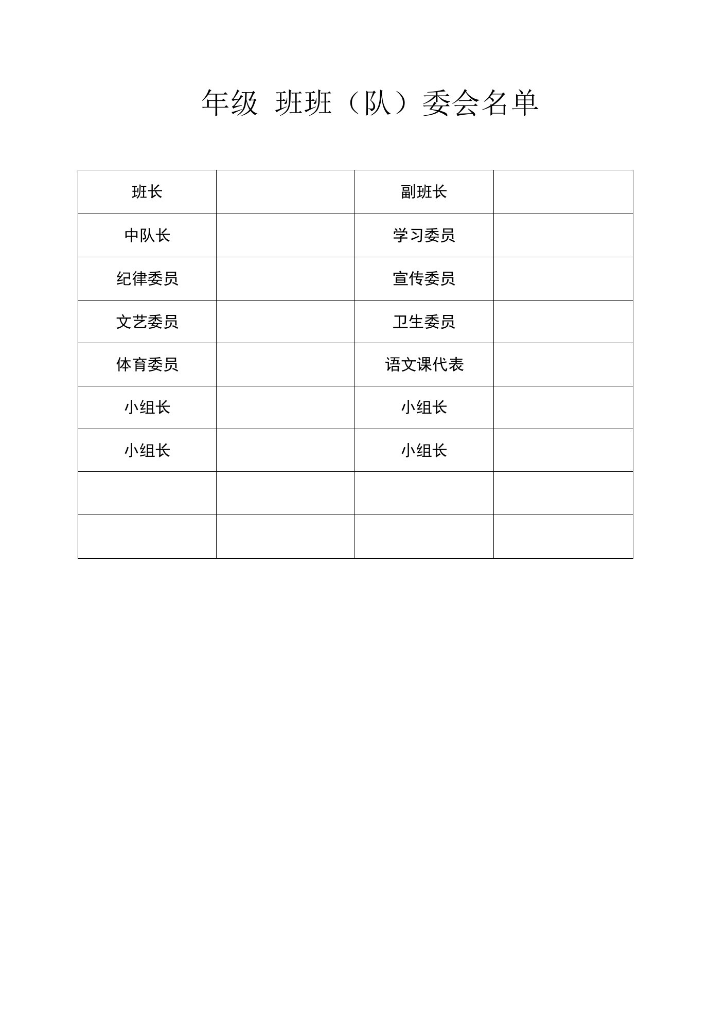 小学班委会名单