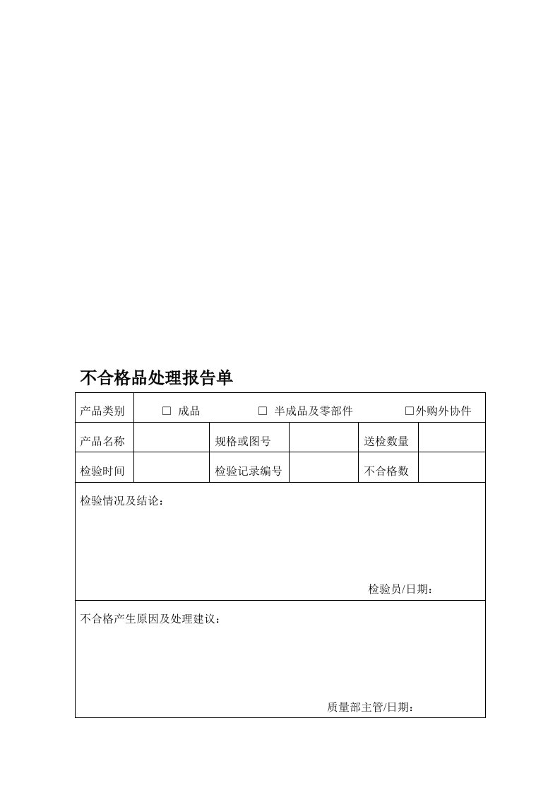 来料不合格品评审处理报告单