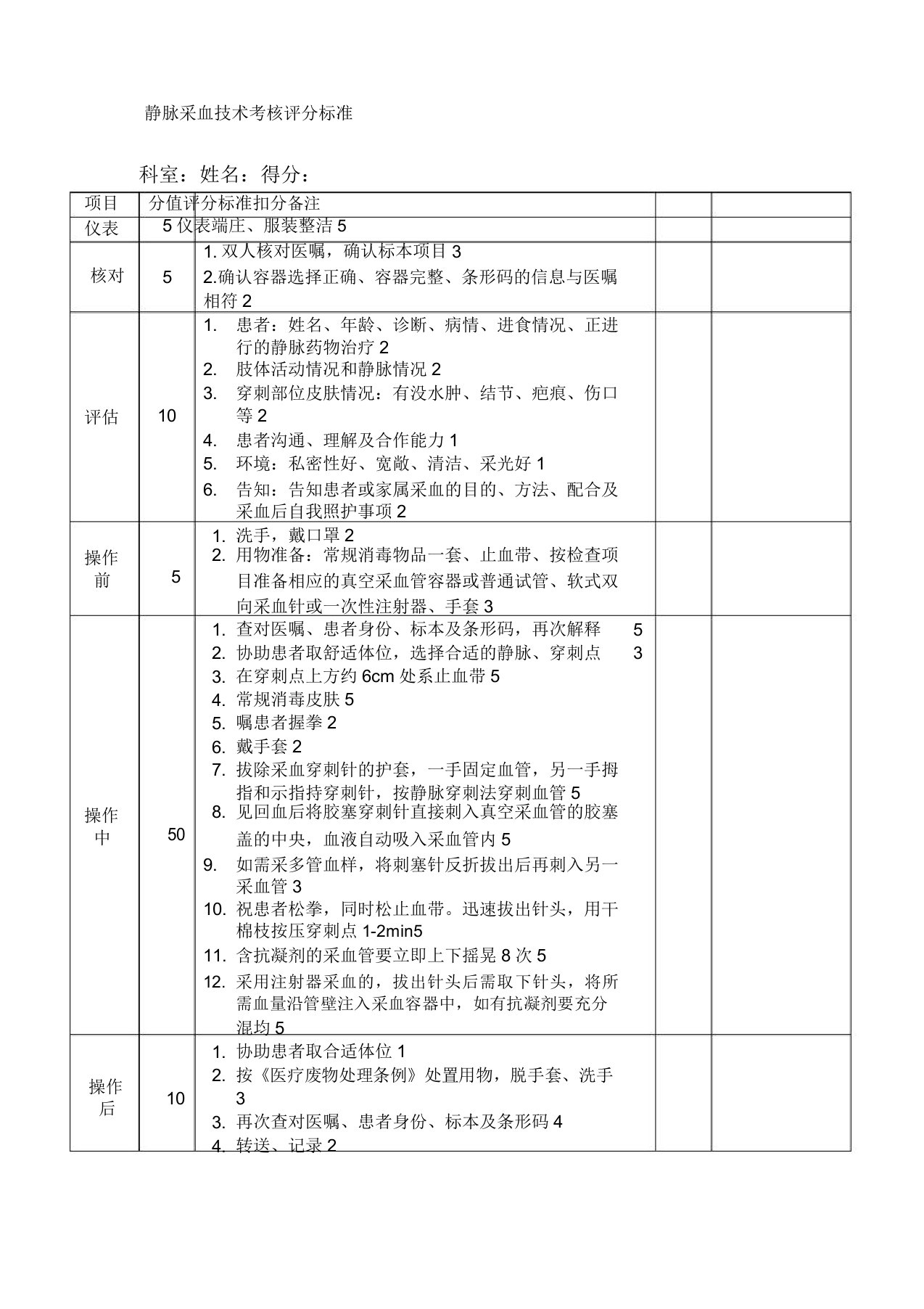 静脉采血技术评分标准