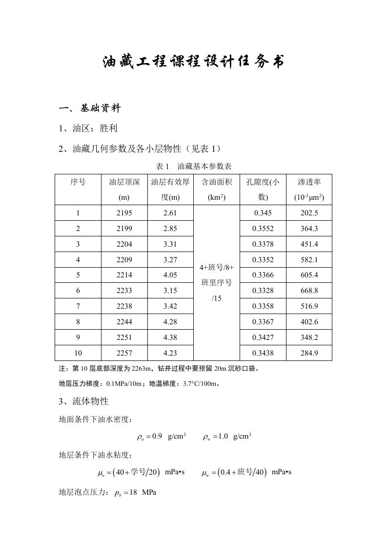 油藏工程课程设计任务书