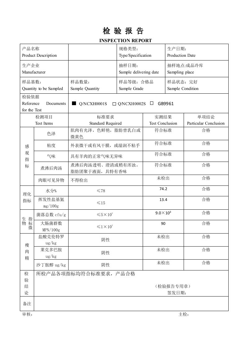 肉制品瘦肉精检测报告