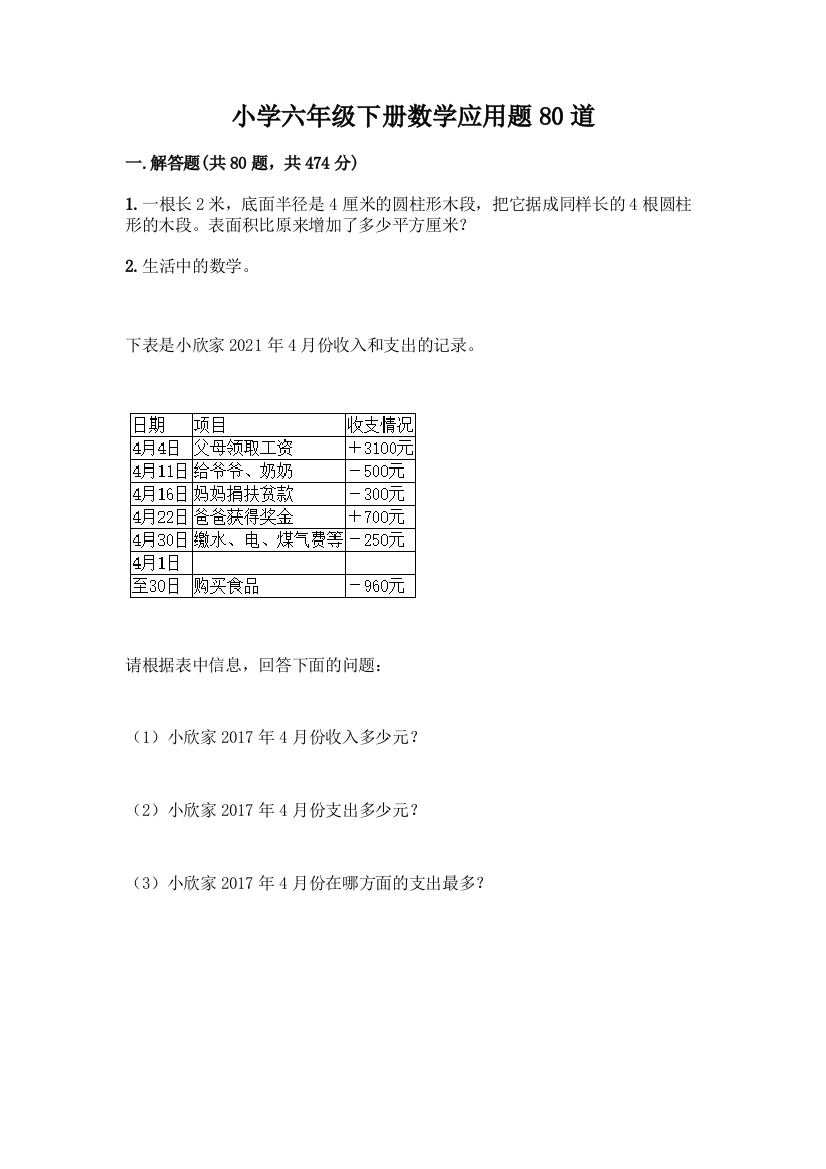 小学六年级下册数学应用题80道【重点】