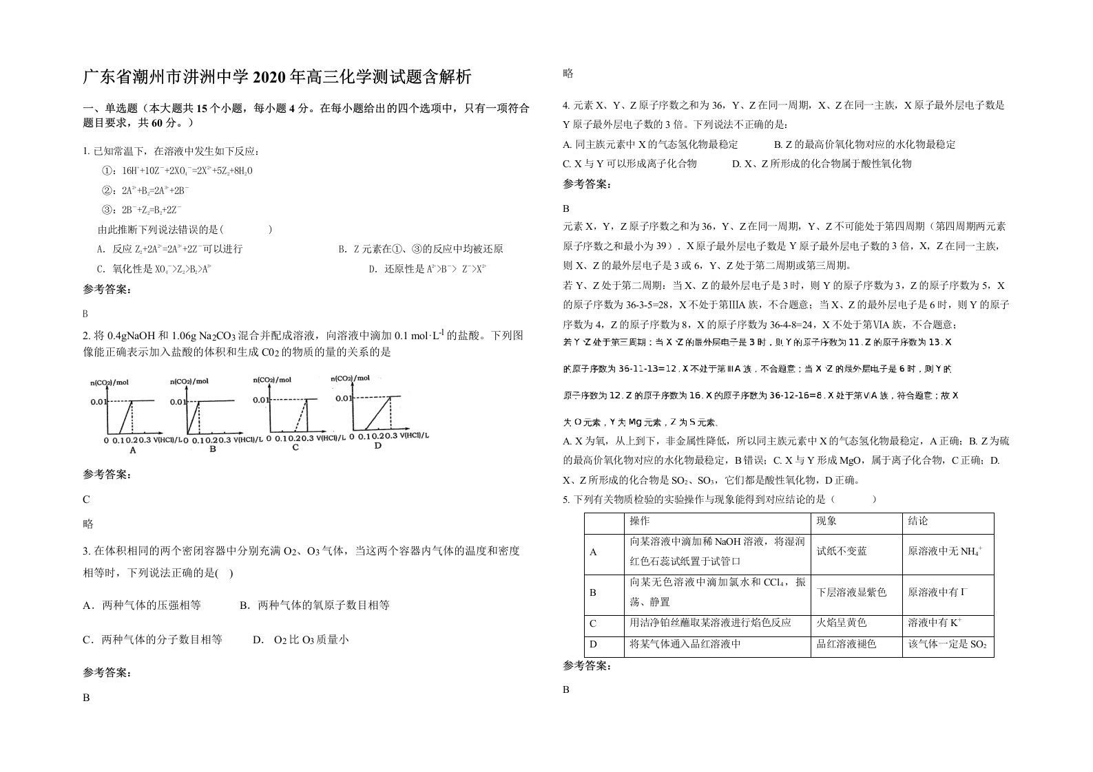 广东省潮州市汫洲中学2020年高三化学测试题含解析