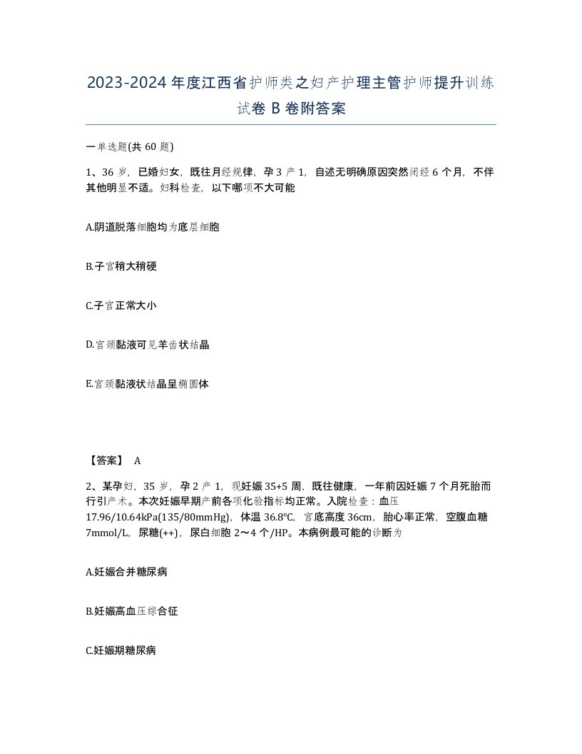 2023-2024年度江西省护师类之妇产护理主管护师提升训练试卷B卷附答案