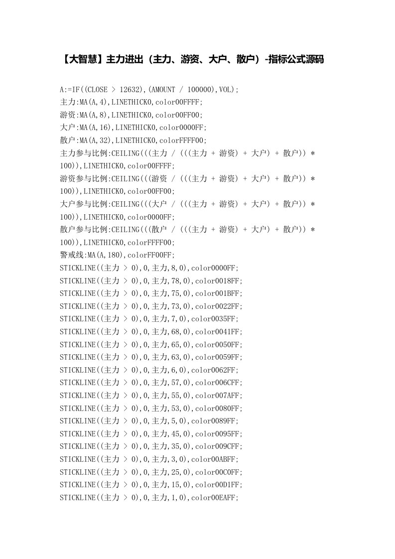 【股票指标公式下载】-【大智慧】主力进出(主力、游资