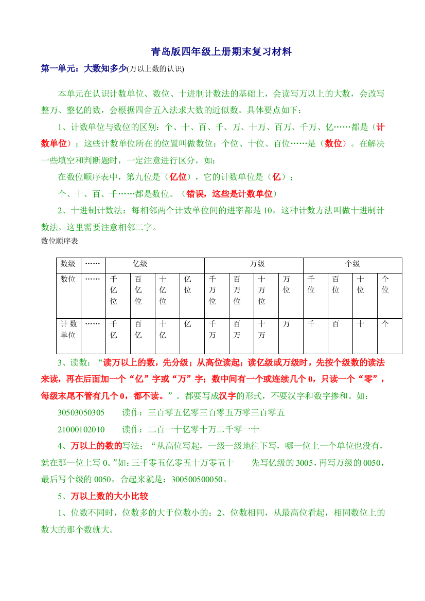 新青岛四年级数学上册全册知识点归纳材料