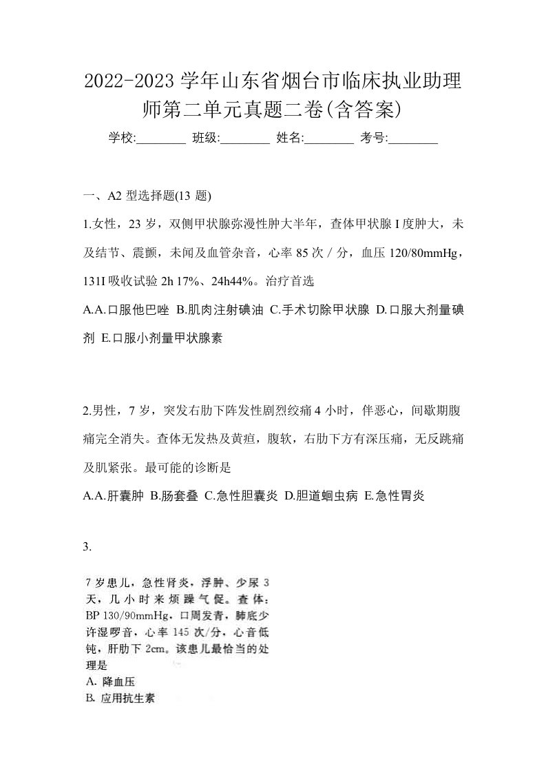 2022-2023学年山东省烟台市临床执业助理师第二单元真题二卷含答案