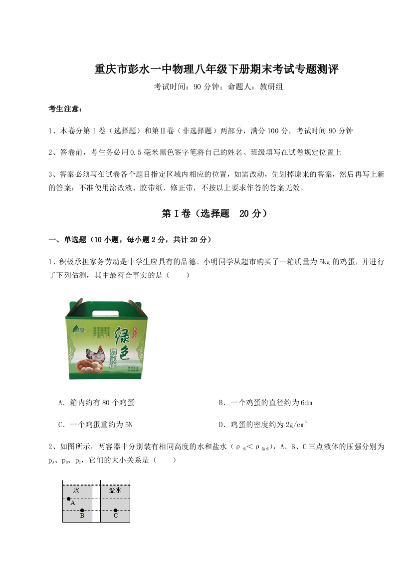 第二次月考滚动检测卷-重庆市彭水一中物理八年级下册期末考试专题测评试题（含答案解析）