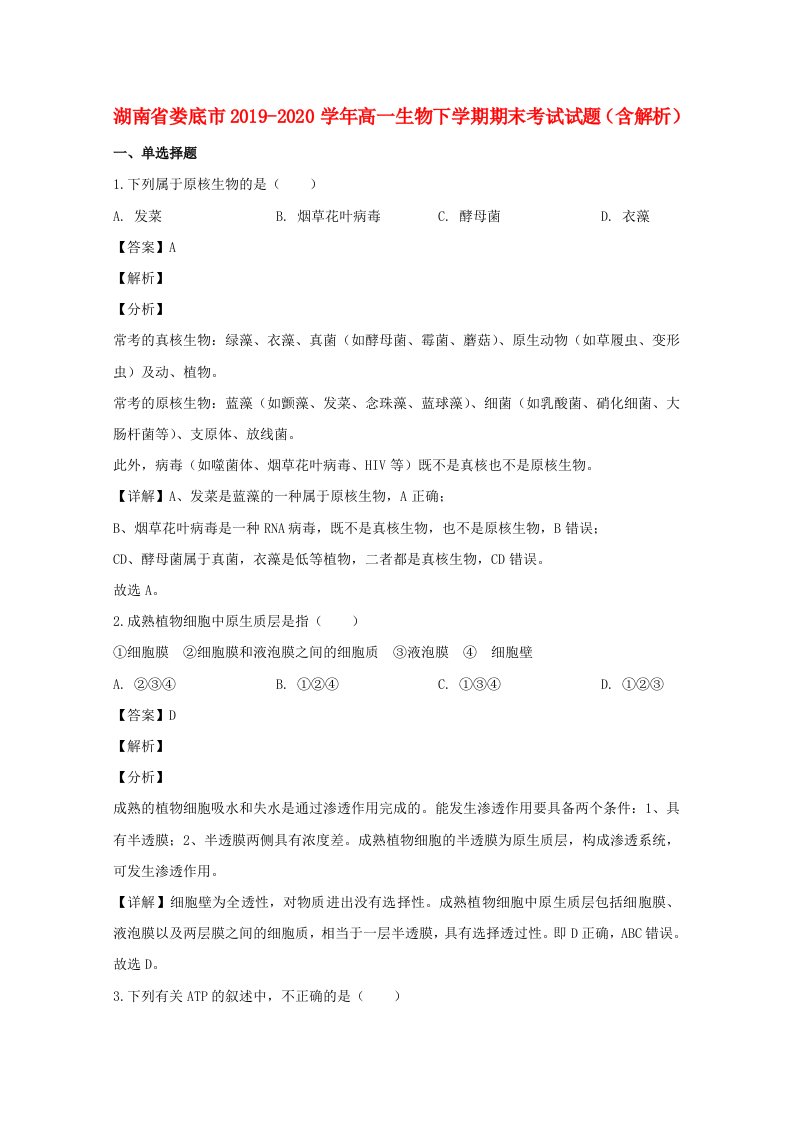 湖南省娄底市2019_2020学年高一生物下学期期末考试试题含解析