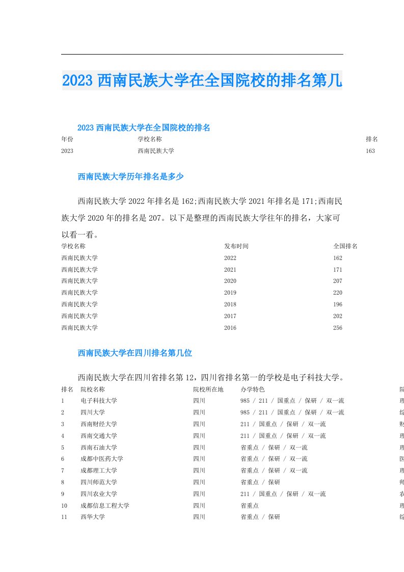 西南民族大学在全国院校的排名第几