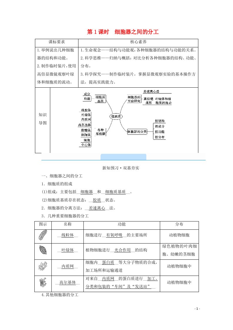 2020_2021学年新教材高中生物第3章细胞的基本结构第2节细胞器之间的分工合作第1课时细胞器之间的分工学案新人教版必修1