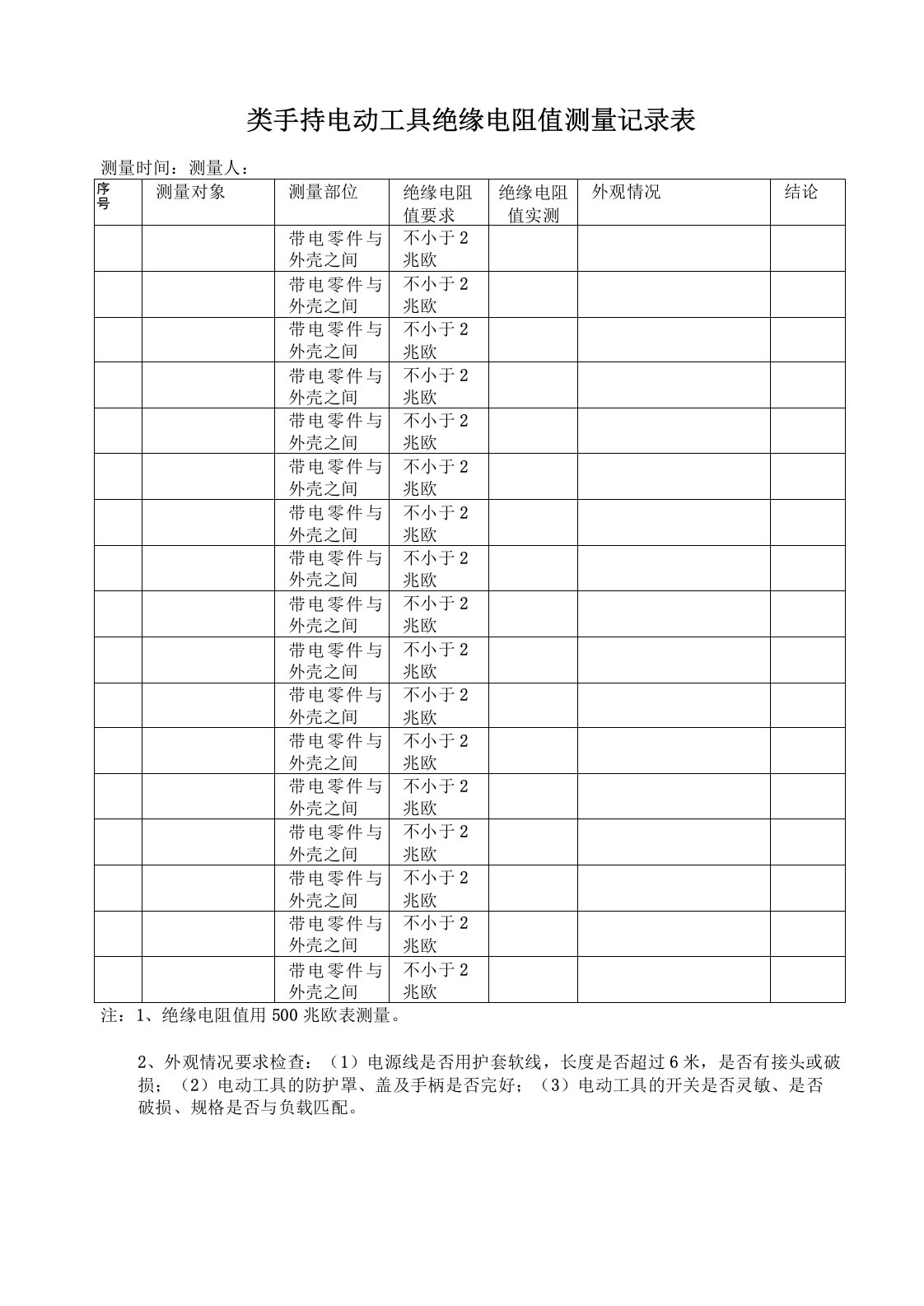 手持电动工具绝缘电阻值测量记录表