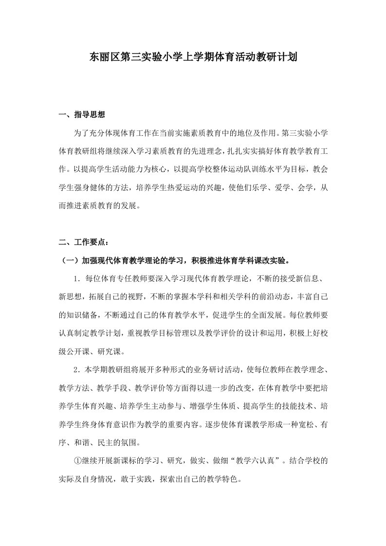 东丽区第三实验小学上学期体育活动教研计划