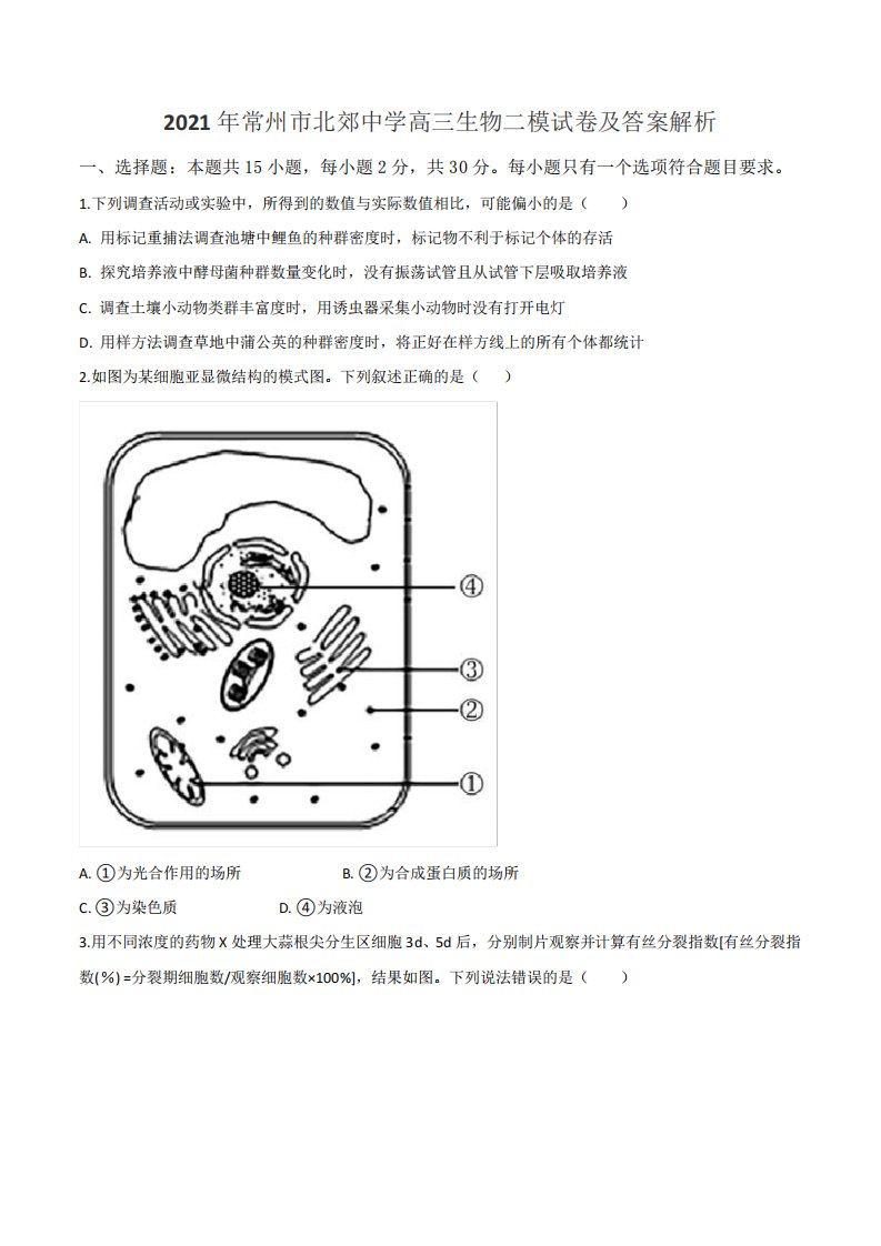 2021年常州市北郊中学高三生物二模试卷及答案解析