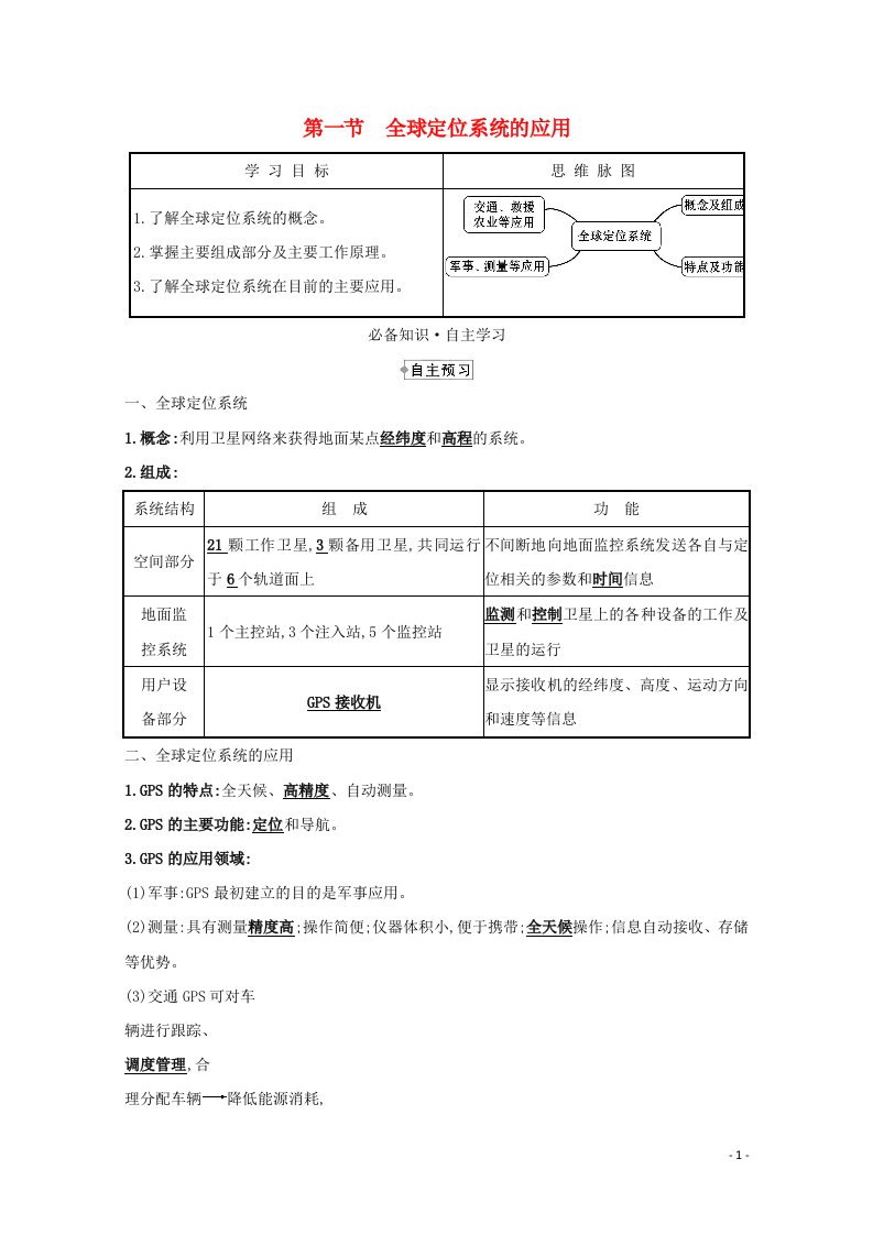 2021_2022版高中地理第三章地理信息技术的应用第一节全球定位系统的应用学案中图版必修3