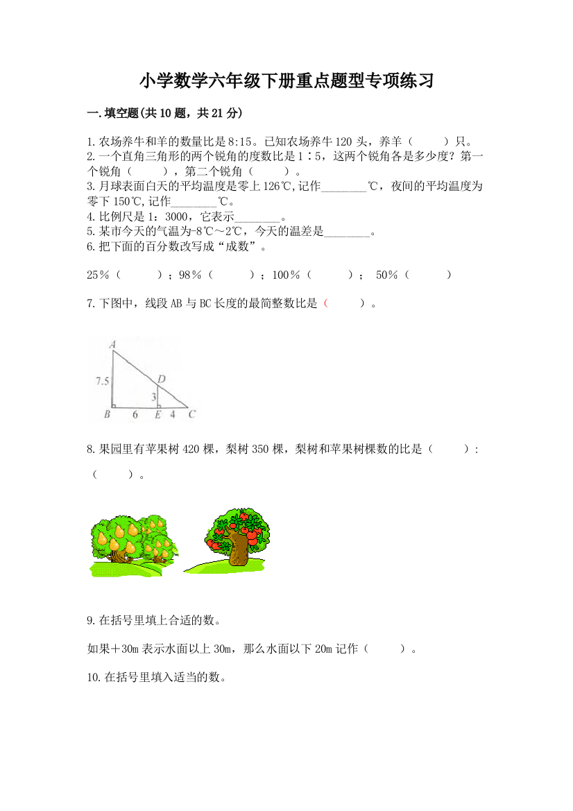 小学数学六年级下册重点题型专项练习附参考答案【基础题】