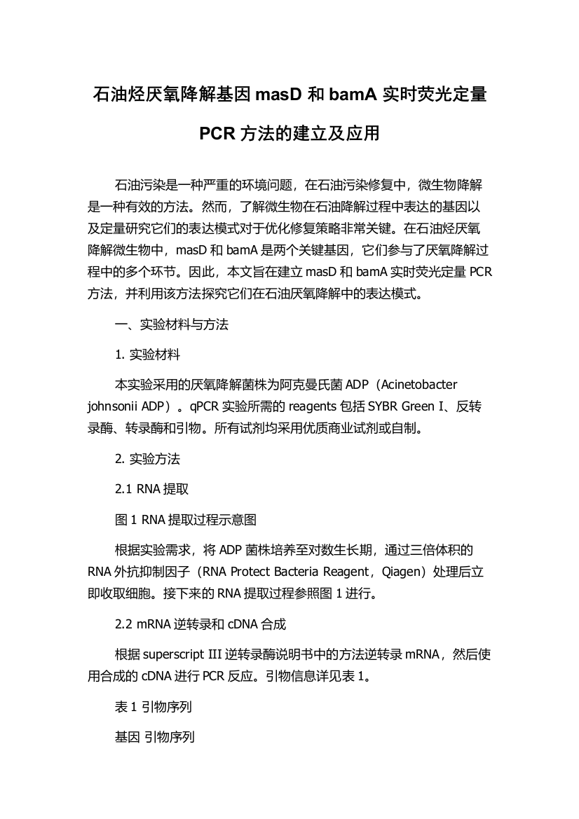 石油烃厌氧降解基因masD和bamA实时荧光定量PCR方法的建立及应用