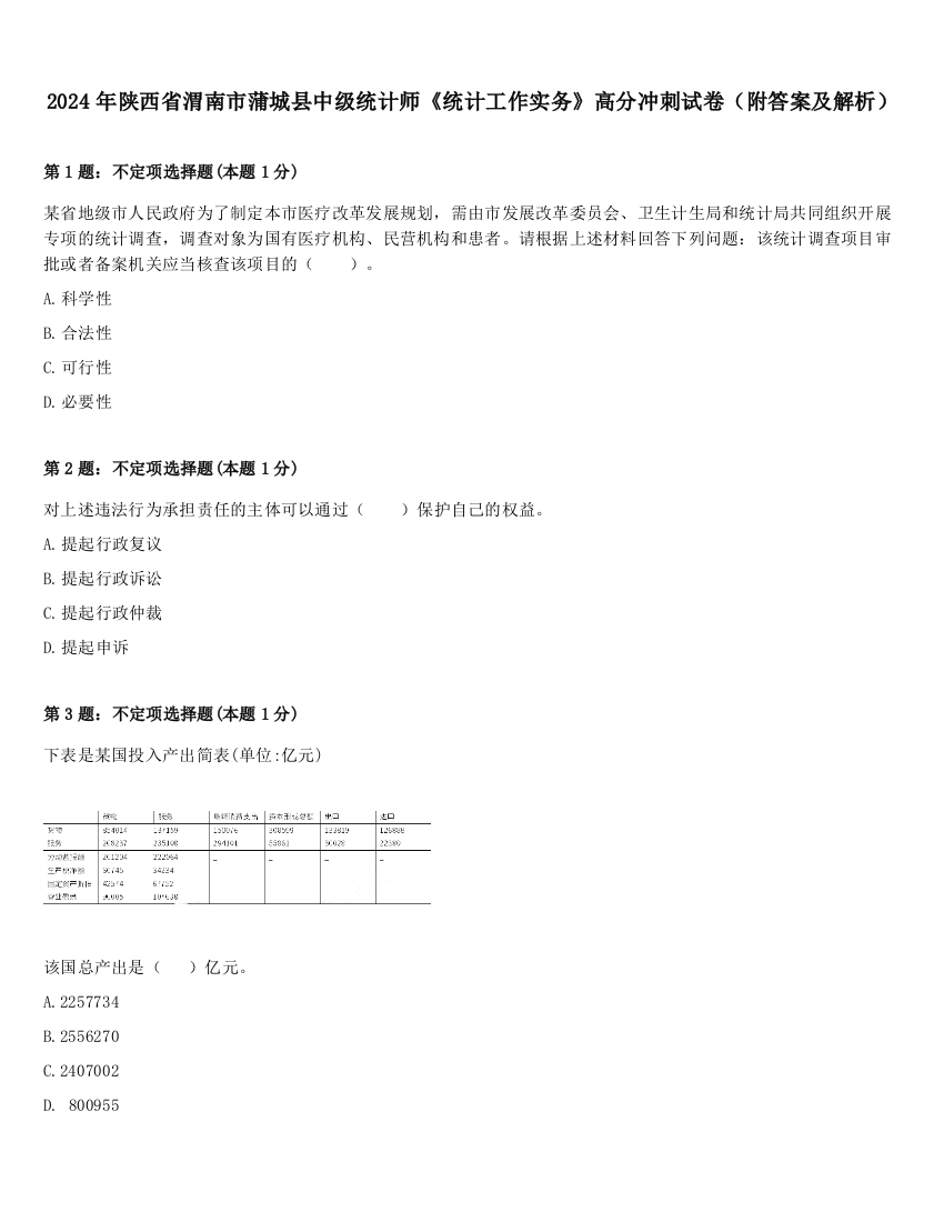 2024年陕西省渭南市蒲城县中级统计师《统计工作实务》高分冲刺试卷（附答案及解析）